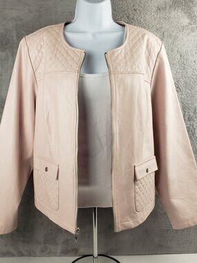 Chicos 2 Pale Pink Faux Leather Quilted Womens Jacket Zipper Lined Moto